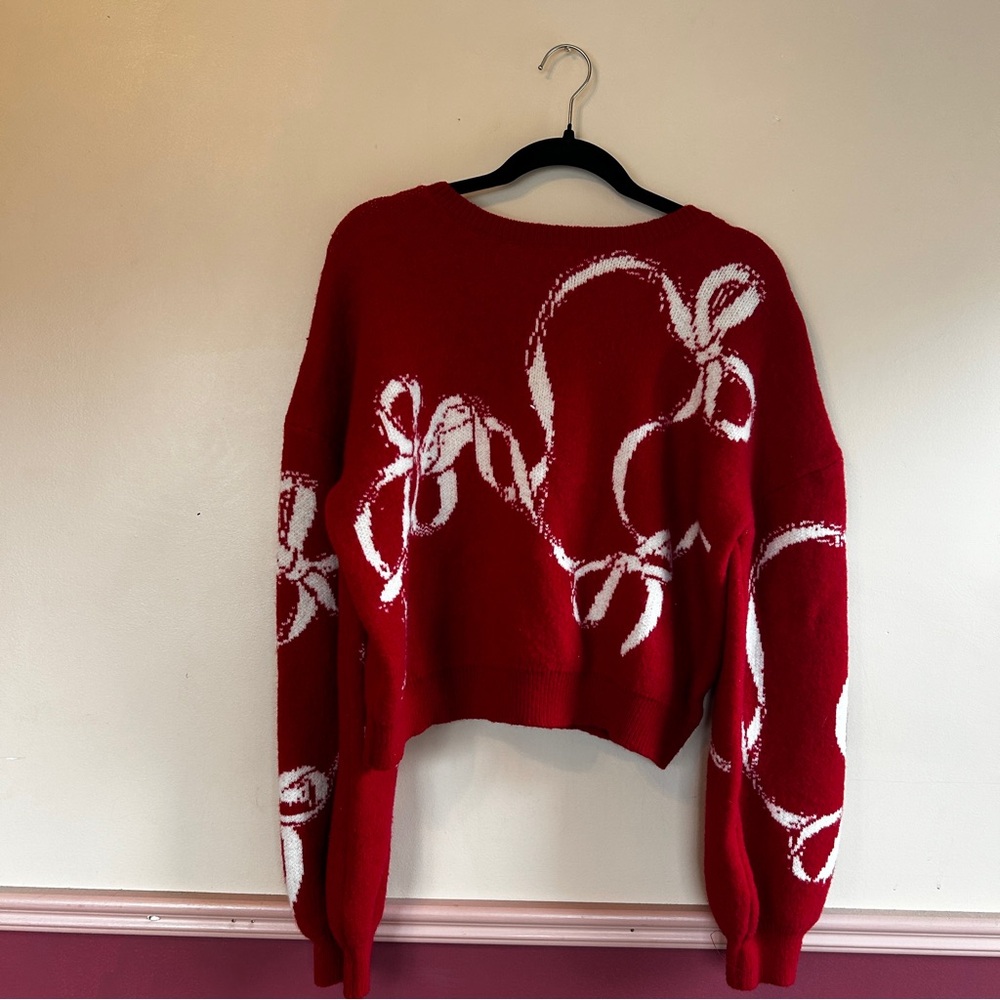 Cider Red Crewneck Sweater with Cream Ribbon Pattern - Picture 6 of 6